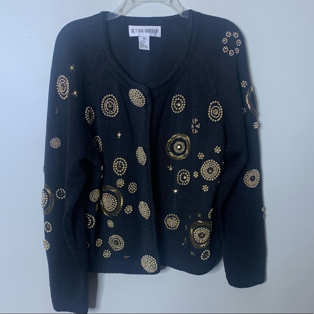 VINTAGE Beaded Art Deco Revival Gold Ornate Black Knit Vintage Glam Cardigan